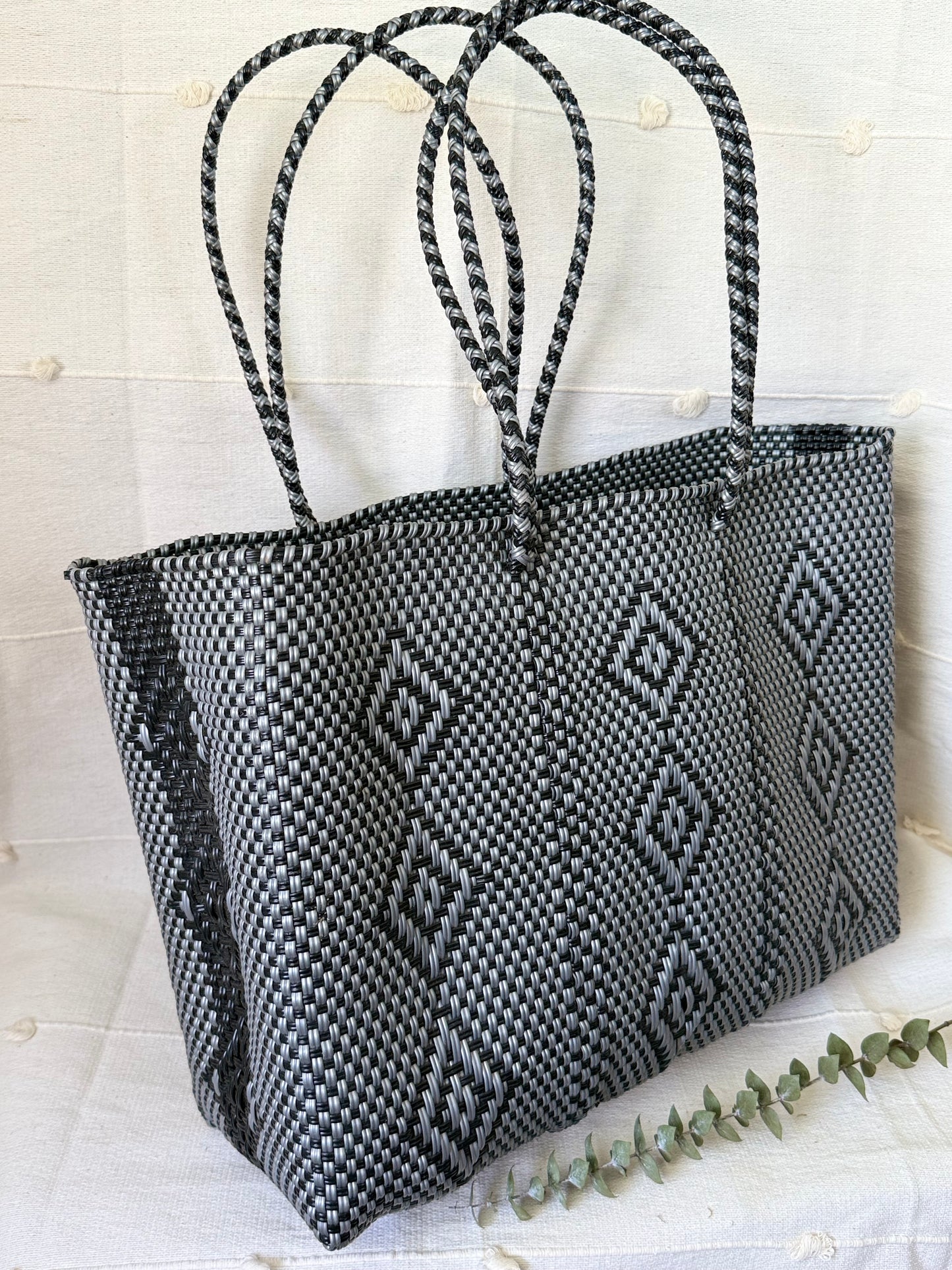 Handwoven Recycled Plastic Tote - Black/Dark Grey