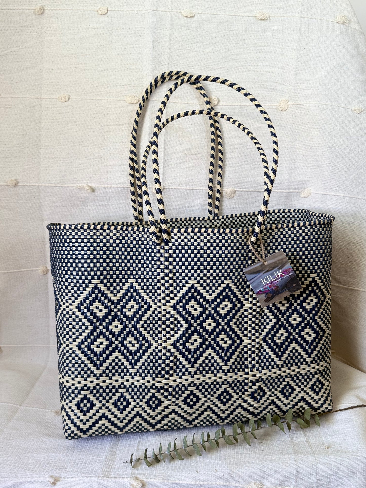 Handwoven Recycled Plastic Tote - Beige/Navy