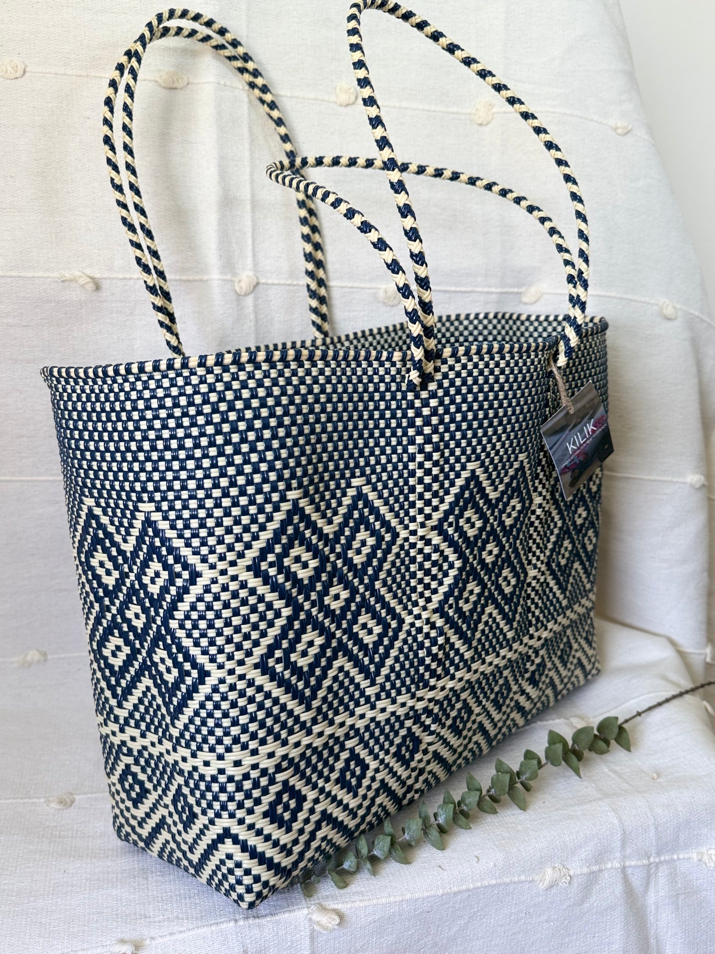 Handwoven Recycled Plastic Tote - Beige/Navy