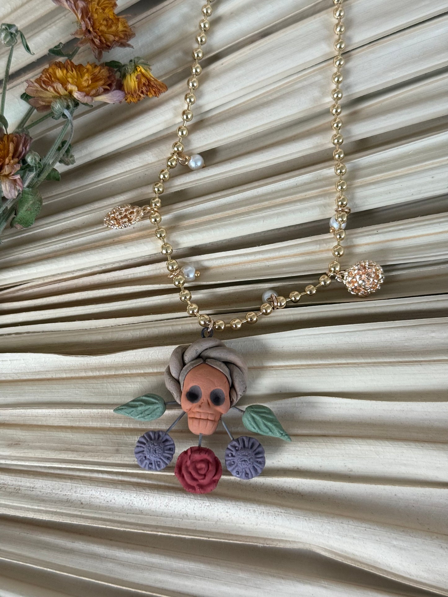 Clay Catrina/Colorful Flowers Necklace