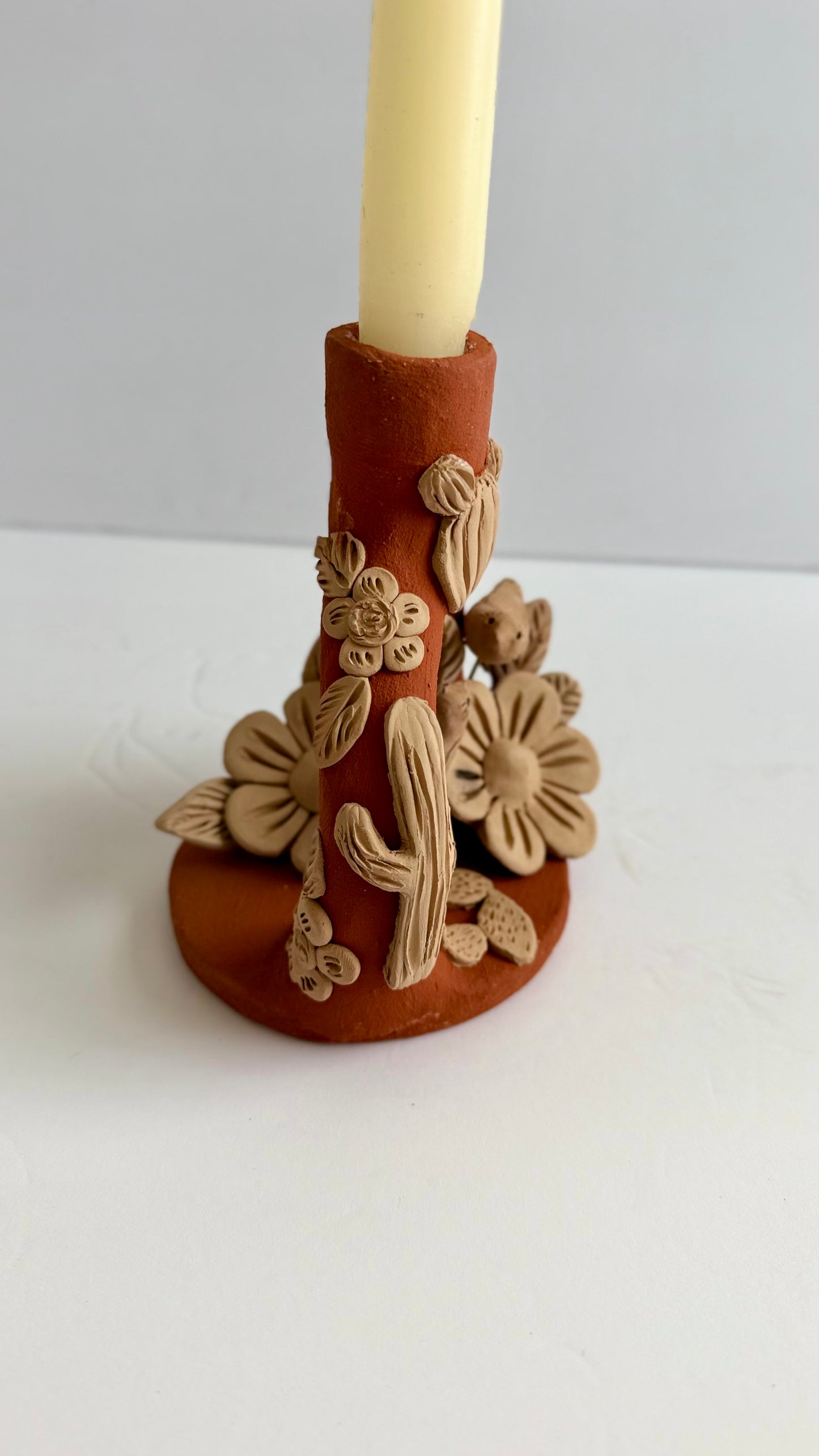 Handmade Clay Floral/Cactus Candleholder - Two Tone 2