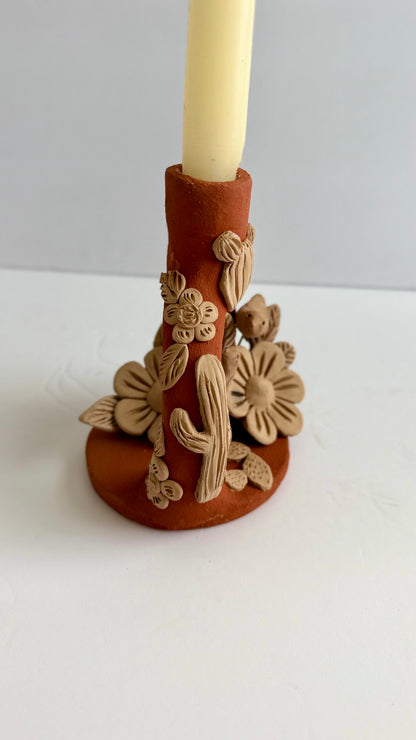 Handmade Clay Floral/Cactus Candleholder - Two Tone 2
