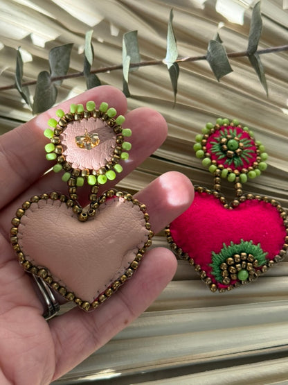 Heart Shaped Earrings - Lime Green/Magenta