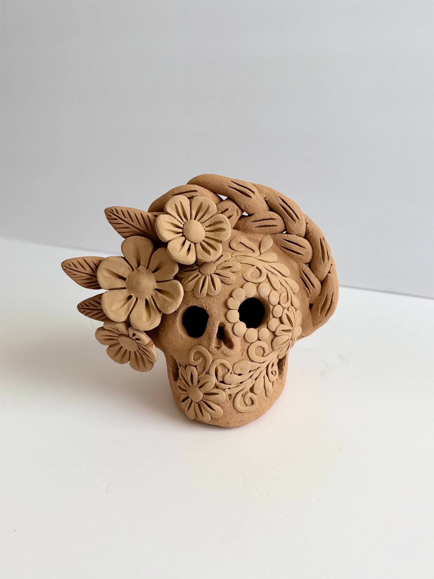 Embroidered/3D Flowers Dia De Muertos Skull - Natural