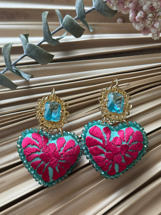 Hand Embroidered Heart Shaped Earrings - Caribbean Blue/Magenta