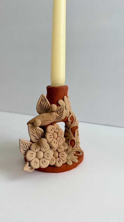 Handmade Clay Floral/Birds Candleholder - Two Tone