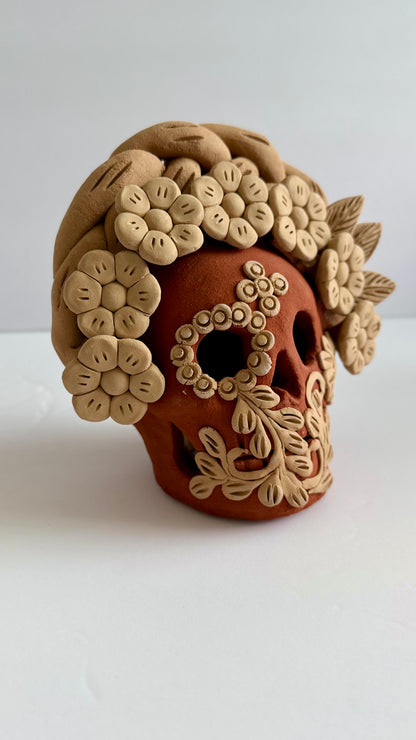Embroidered/3D Flowers Dia De Muertos Skull - Two Tone