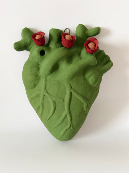 Anatomical Clay Heart w/3D Flowers - Green