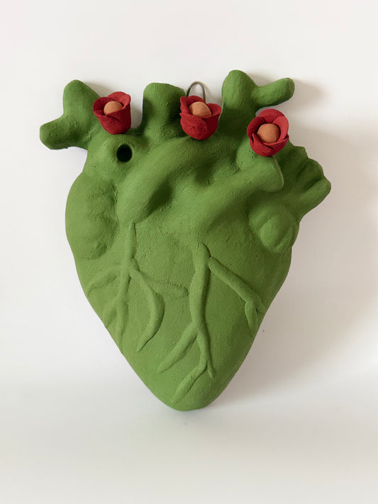 Anatomical Clay Heart w/3D Flowers - Green