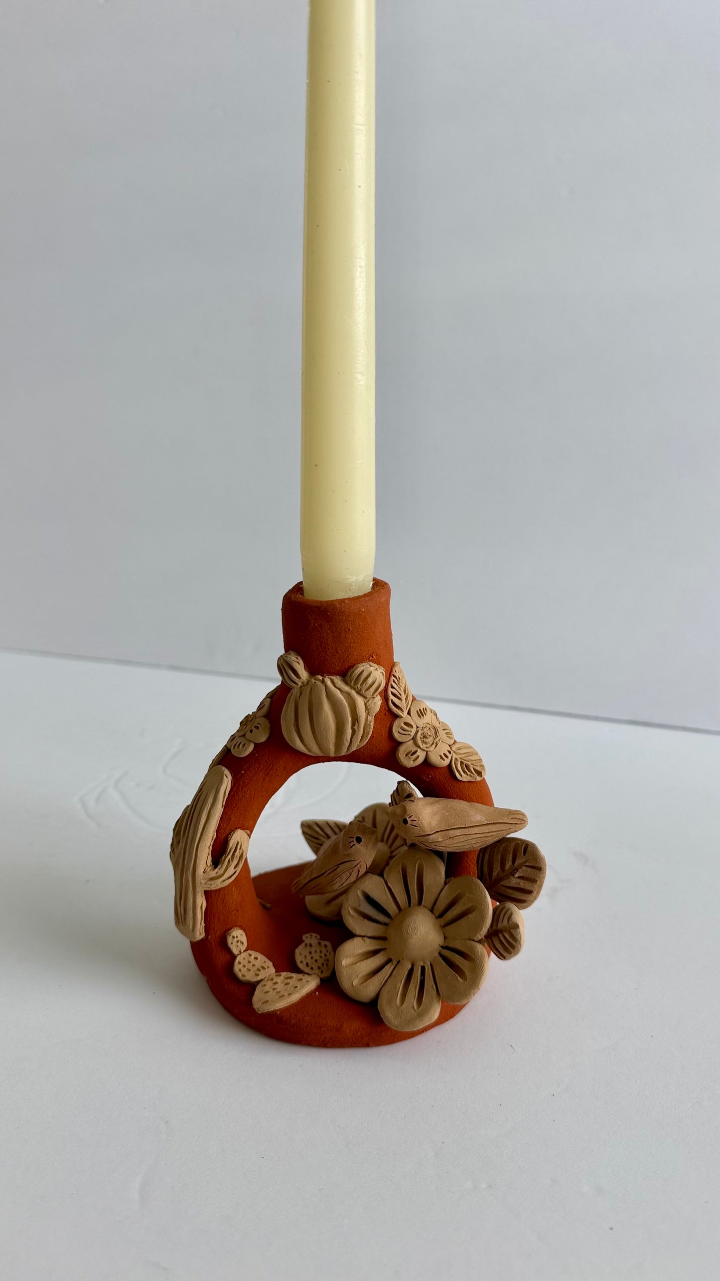 Handmade Clay Floral/Cactus Candleholder - Two Tone 2