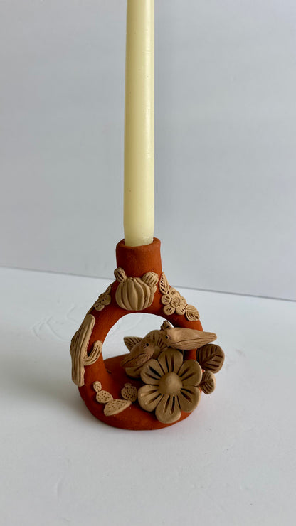 Handmade Clay Floral/Cactus Candleholder - Two Tone 2