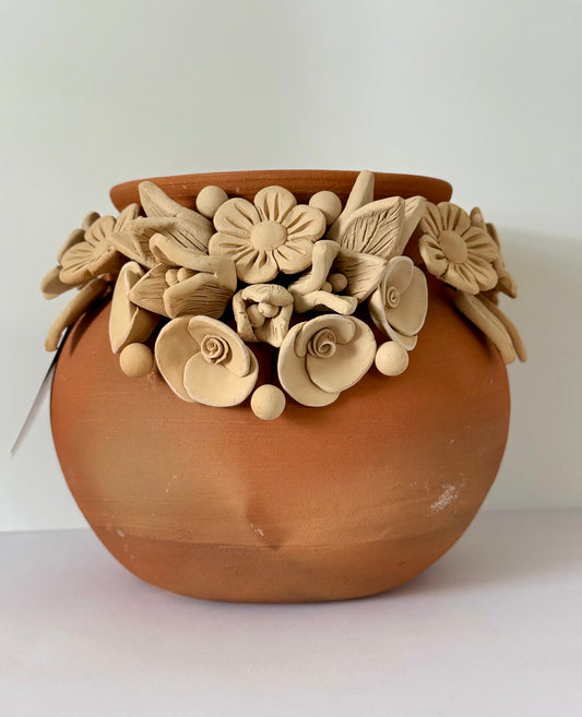 Intricate Clay Vase - 3D Flower Neck