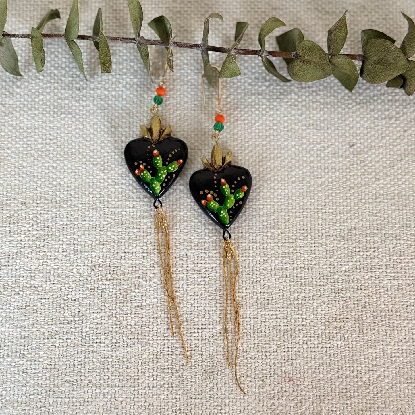 Black/Cactus Sacred Heart Long Earrings