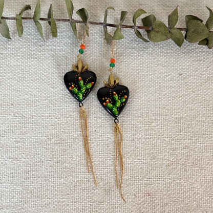 Black/Cactus Sacred Heart Long Earrings