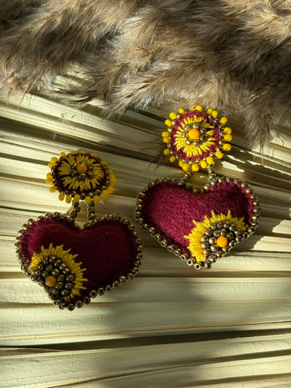Heart Shaped Earrings - Burgundy/Yellow