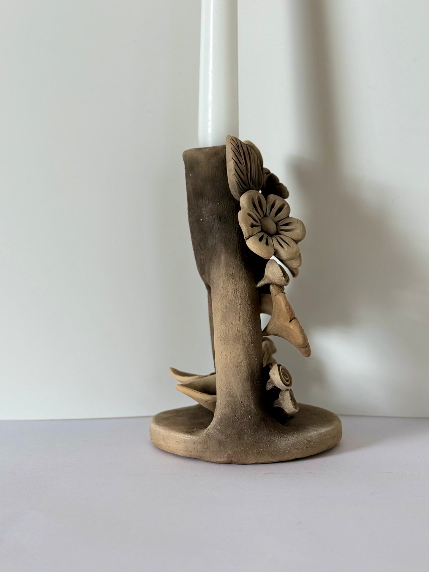 Handmade Clay Floral Candleholder - Smoked