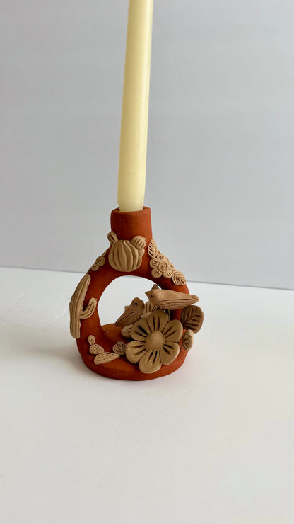 Handmade Clay Floral/Cactus Candleholder - Two Tone 2