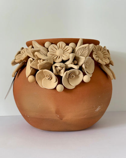 Intricate Clay Vase - 3D Flower Neck