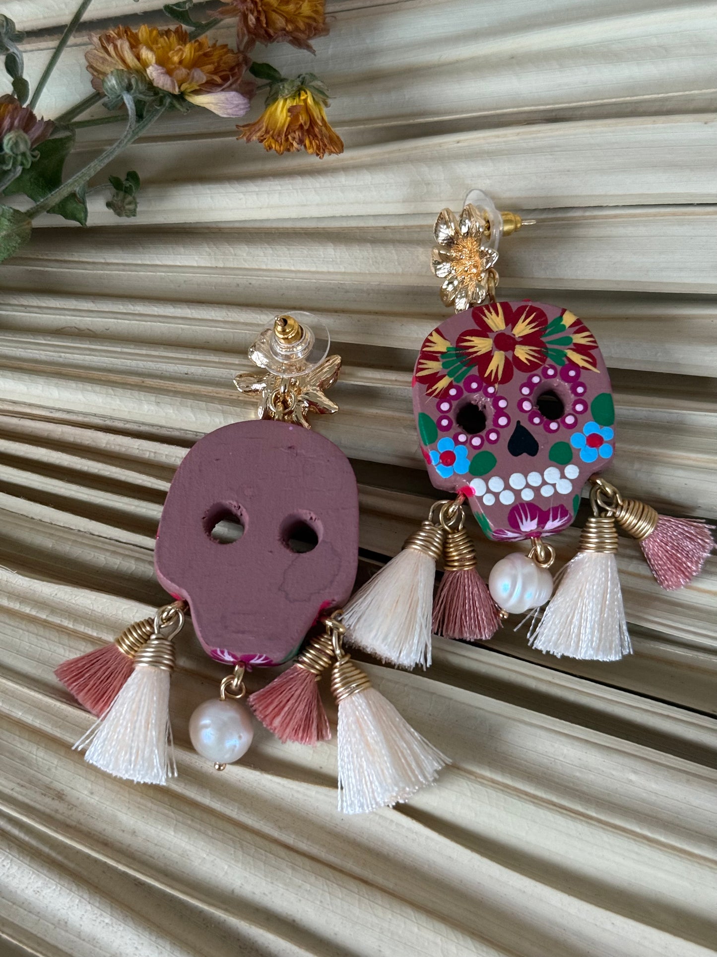 Wooden Catrina Earrings - Powder Pink/Red