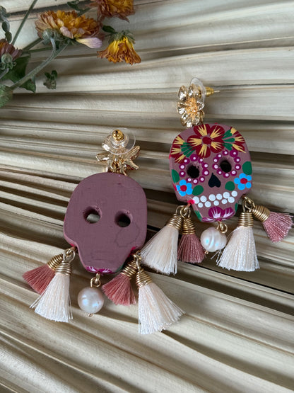 Wooden Catrina Earrings - Powder Pink/Red