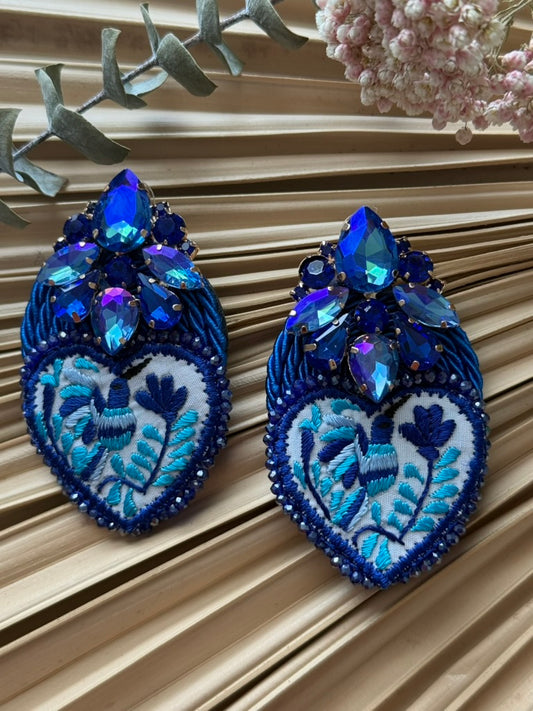 Hand Embroidered Flat Heart Shaped Hummingbird Earrings