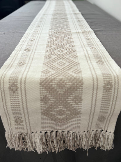 Handwoven Backstrap Loom Table Runner – White & Cream