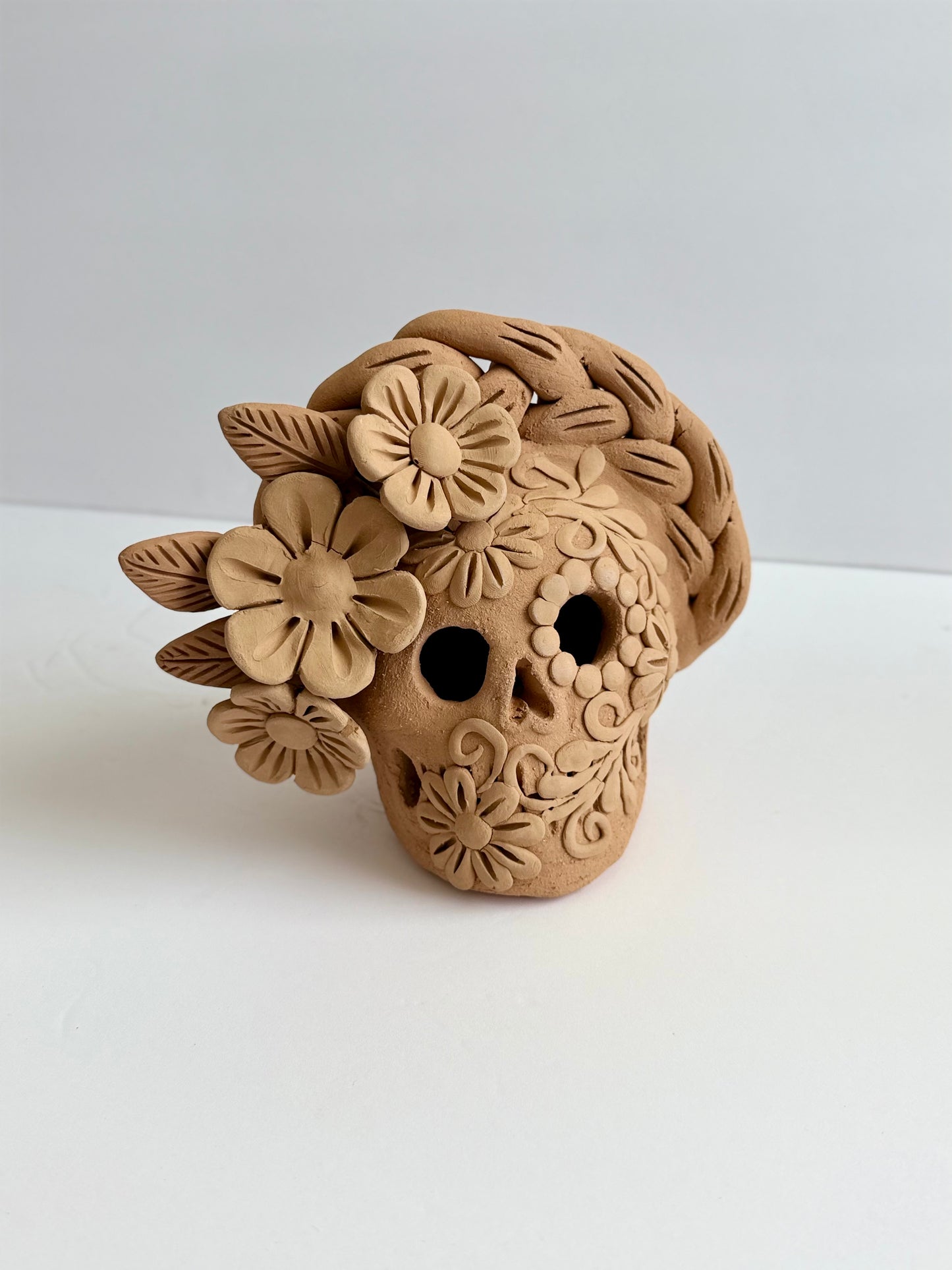 Embroidered/3D Flowers Dia De Muertos Skull - Natural