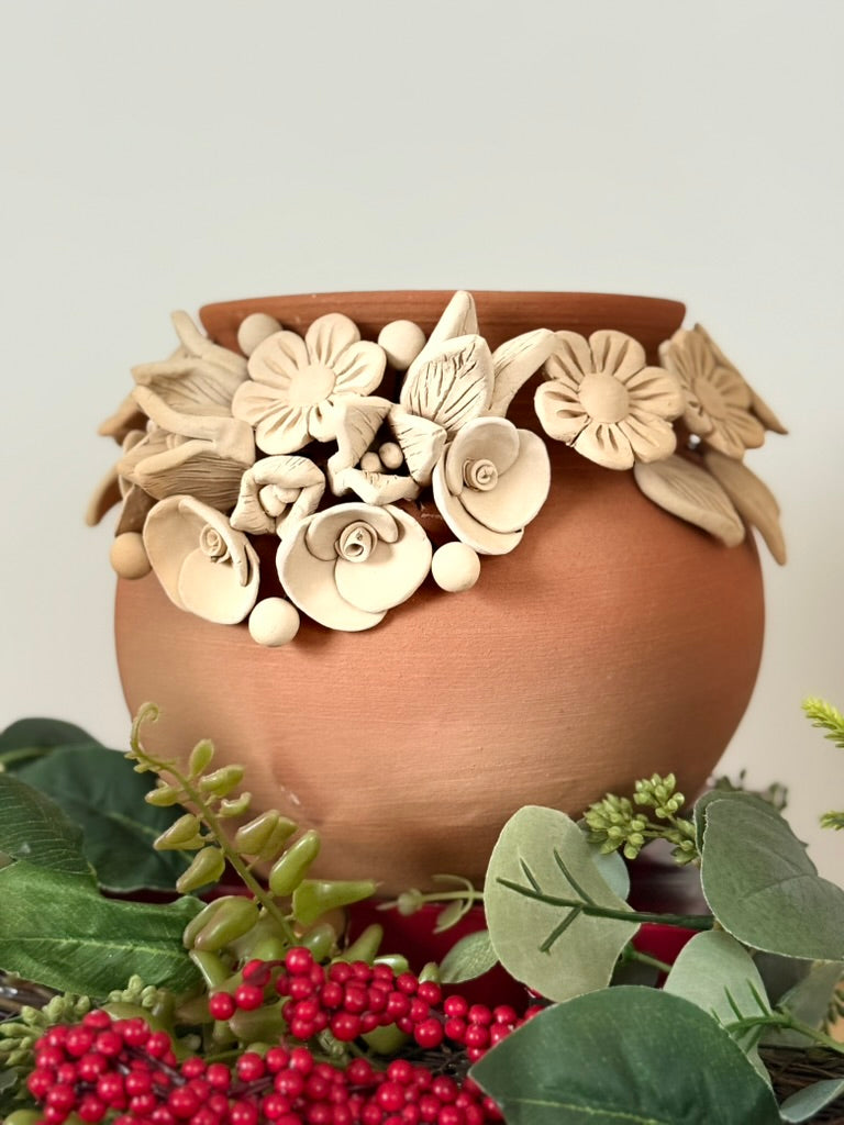 Intricate Clay Vase - 3D Flower Neck