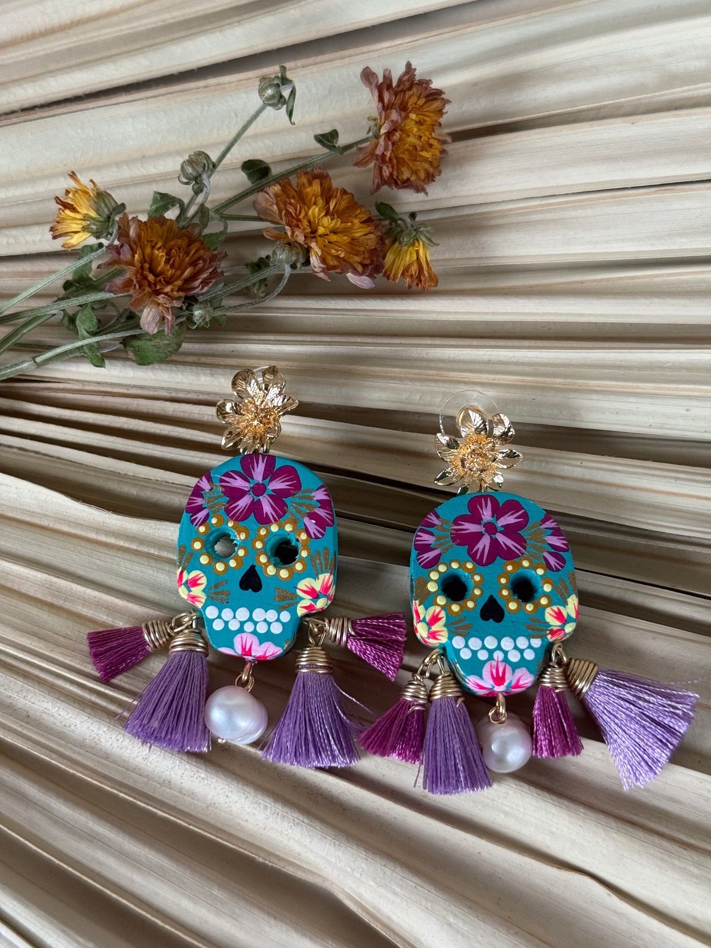 Wooden Catrina Earrings - Teal/Purple