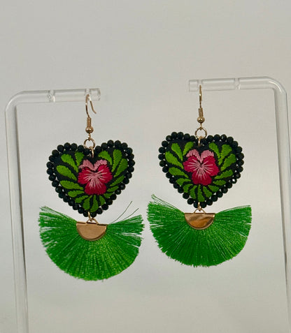 Green/Pink/Black Embroidered Fan Earrings