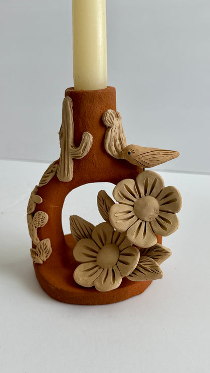 Handmade Clay Floral/Cactus Candleholder - Two Tone