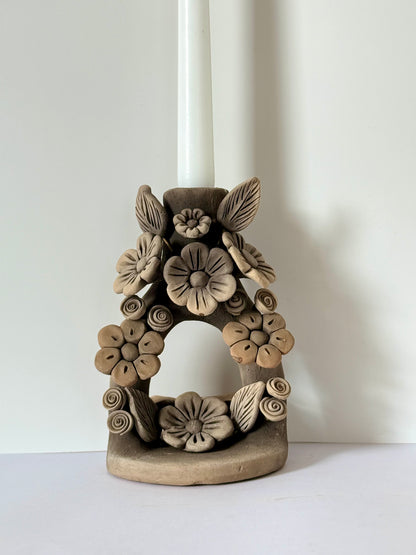 Handmade Clay Floral Candleholder - Smoked