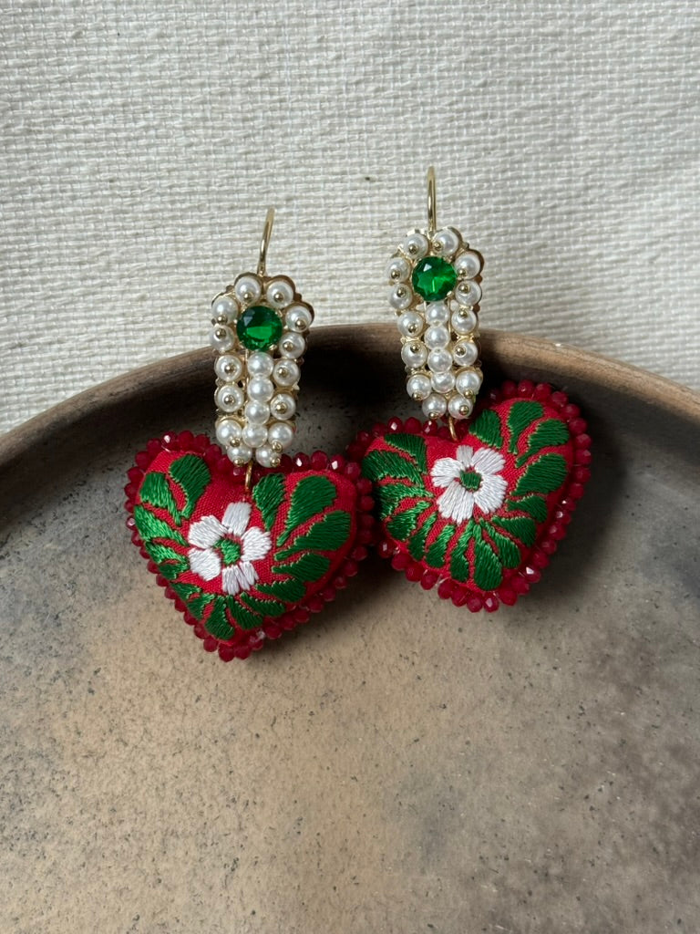 Hand Embroidered Heart Shaped Red/White/Green Earrings
