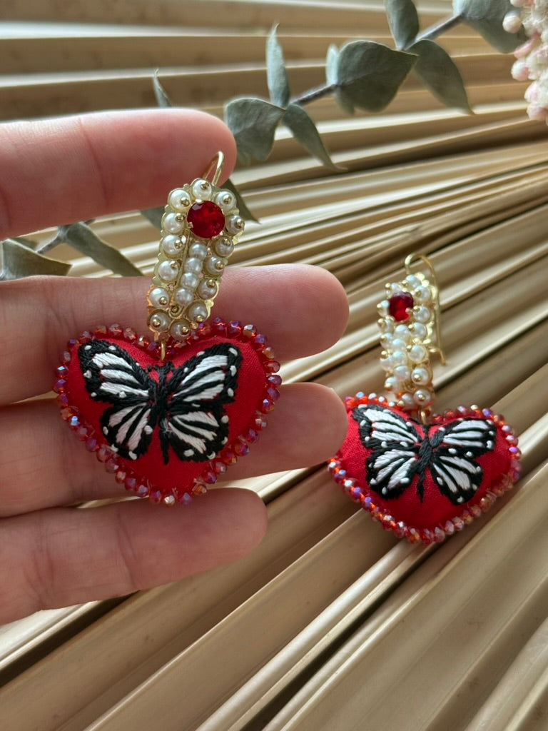 Hand Embroidered Heart Shaped Mariposa Earrings