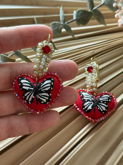 Hand Embroidered Heart Shaped Mariposa Earrings