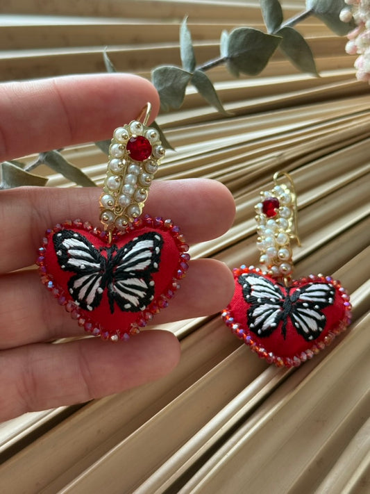 Hand Embroidered Heart Shaped Mariposa Earrings