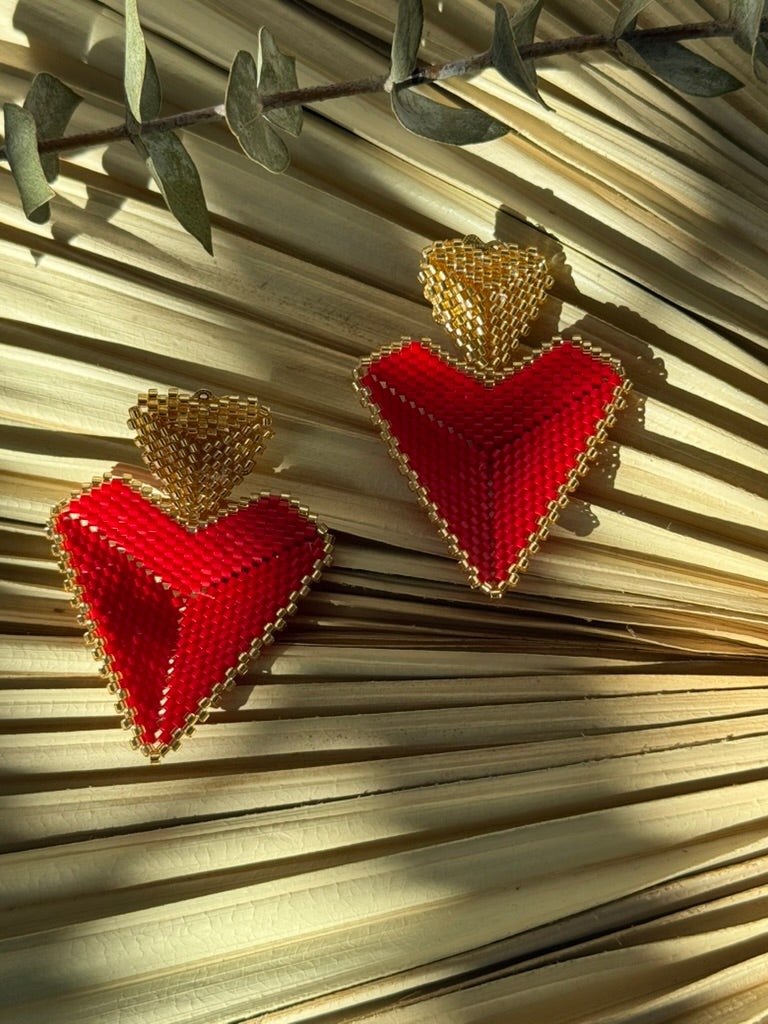 Red/Gold Miyuki Beaded Heart Earrings