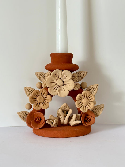 Handmade Clay Floral Candleholder - Red