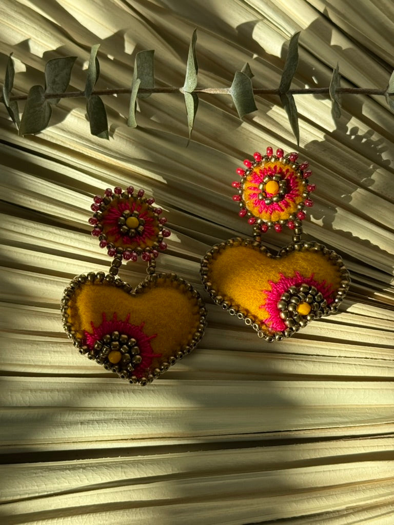 Heart Shaped Earrings - Yellow/Magenta