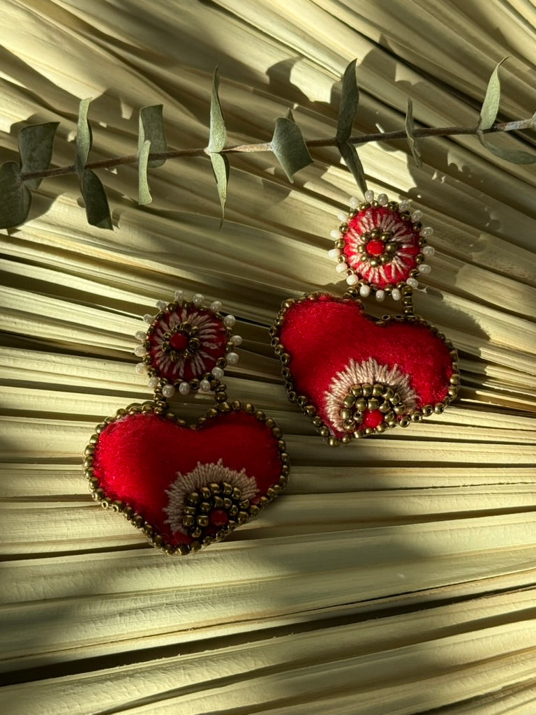 Heart Shaped Earrings - Red/Beige