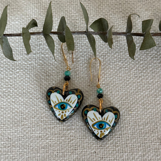 White Evil Eye Heart Shaped Earrings