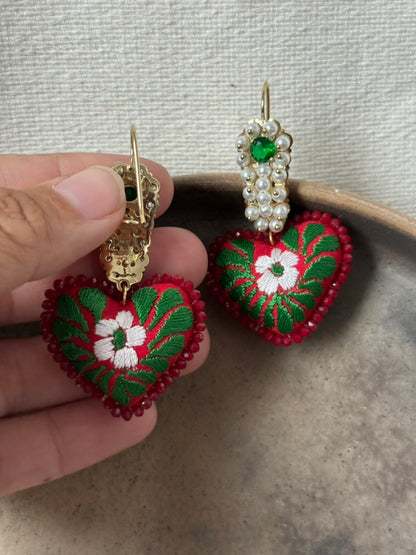 Hand Embroidered Heart Shaped Red/White/Green Earrings