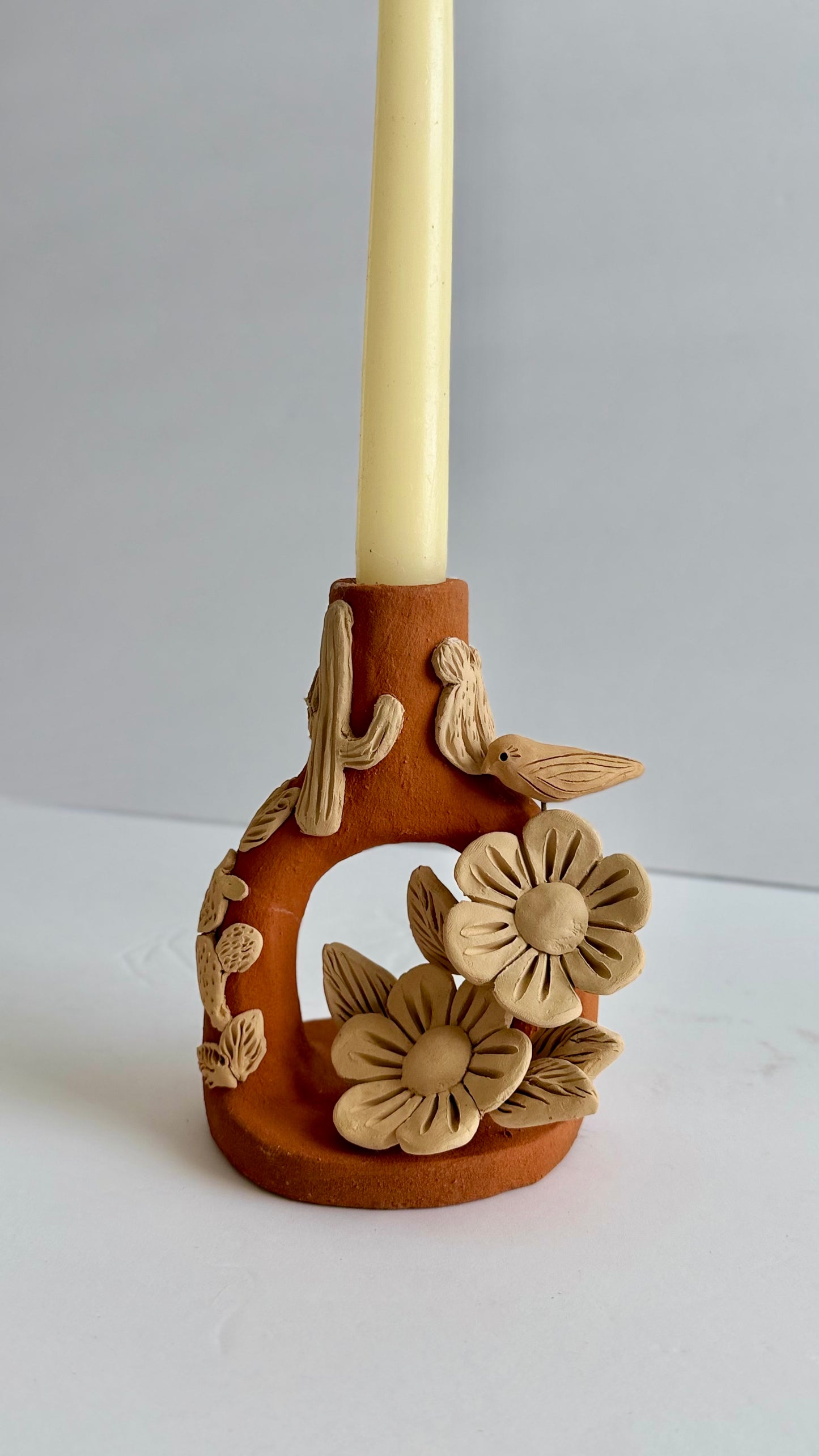 Handmade Clay Floral/Cactus Candleholder - Two Tone