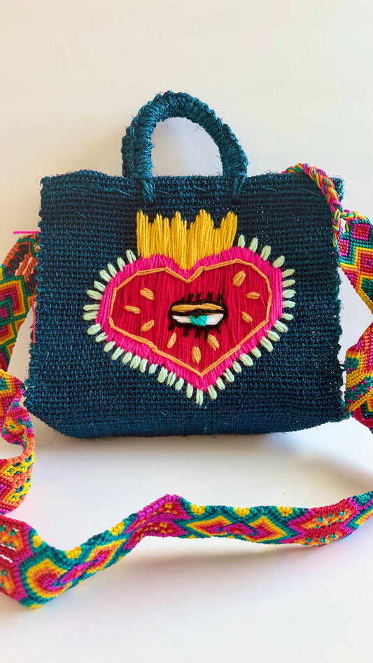 Sacred Heart w/Eye Ixtle Handbag - Navy Blue