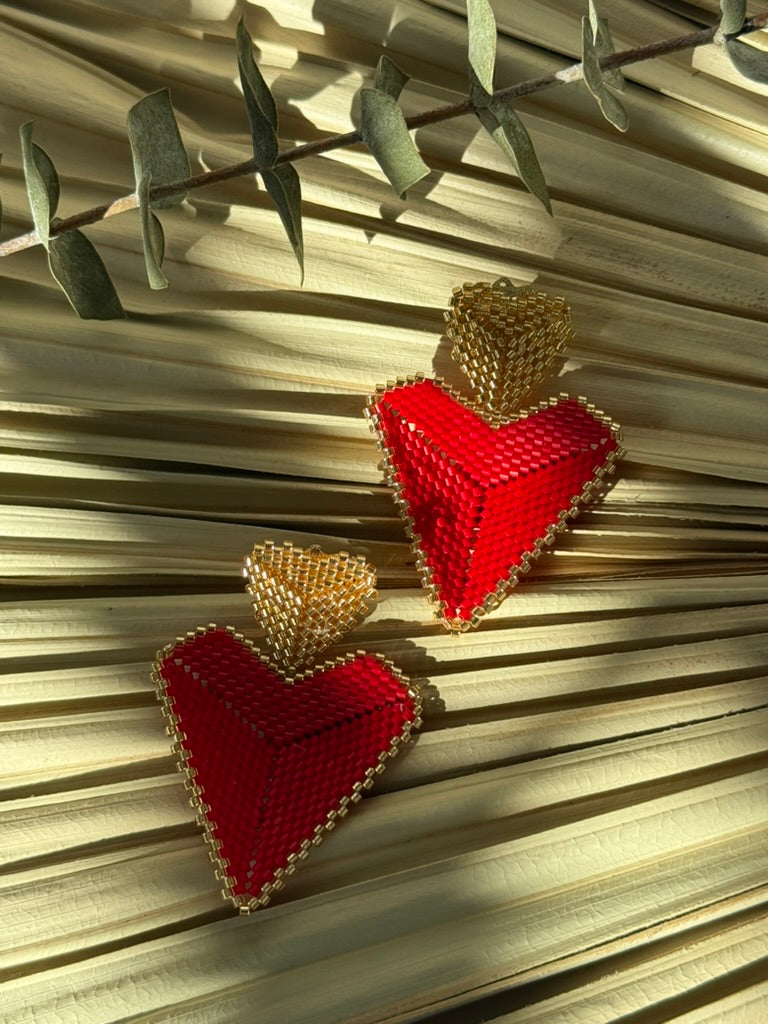 Red/Gold Miyuki Beaded Heart Earrings