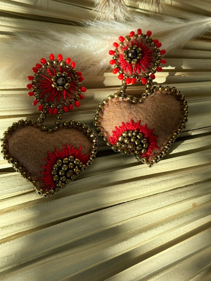 Heart Shaped Earrings - Brown/Red