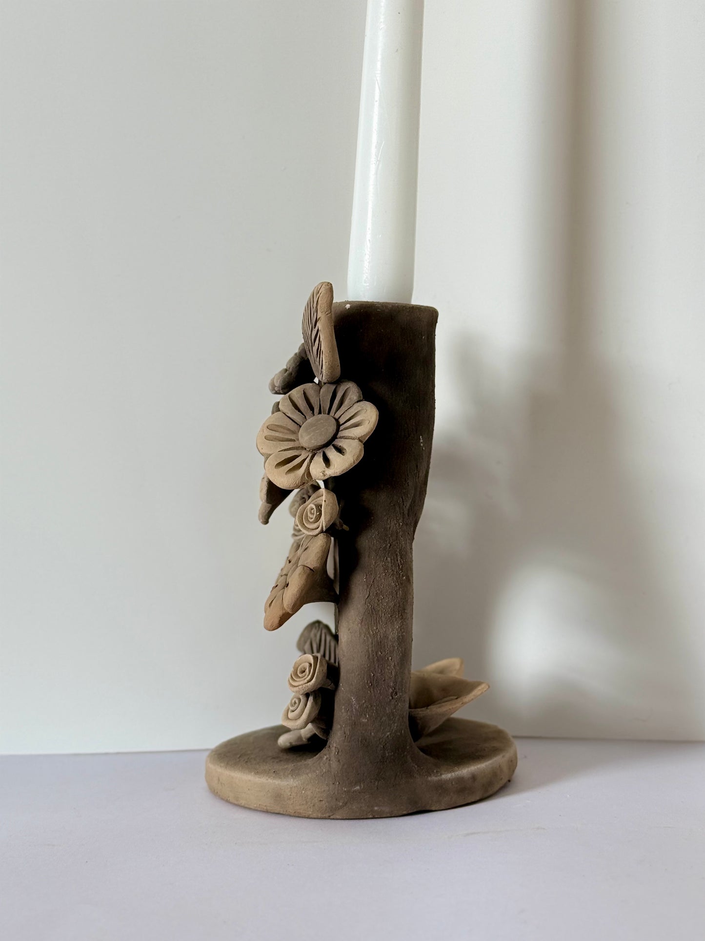 Handmade Clay Floral Candleholder - Smoked