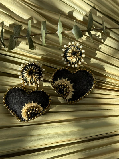 Heart Shaped Earrings - Black/Beige