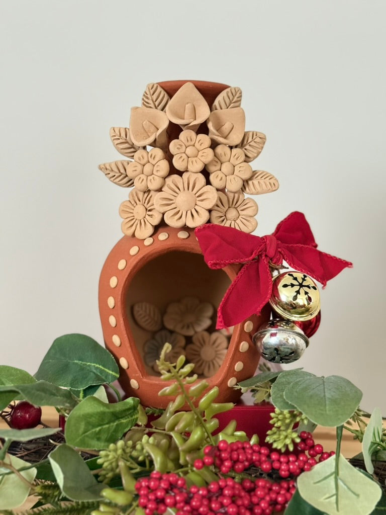 Handcrafted Clay Chimney Candle Holder with 3D Floral Detail - Calla Lilies