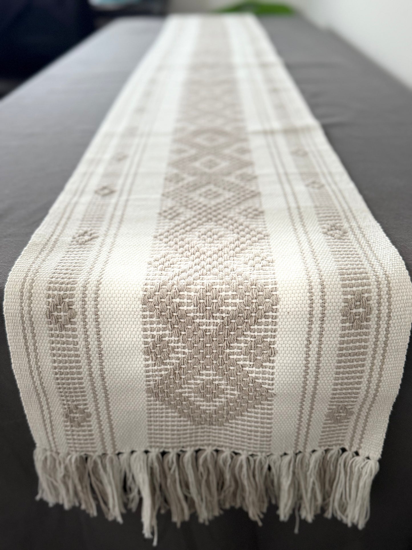Handwoven Backstrap Loom Table Runner – White & Cream